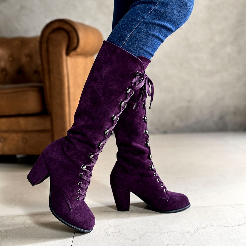 Brunhilde - Women’s Knee-High Lace-Up Block Heel Boots 4