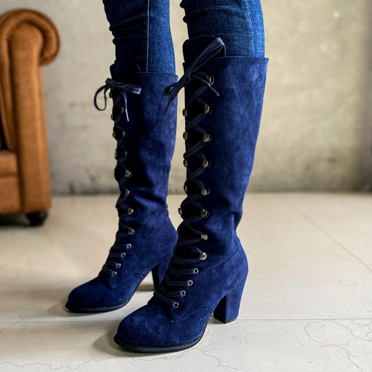 Brunhilde - Women’s Knee-High Lace-Up Block Heel Boots 5