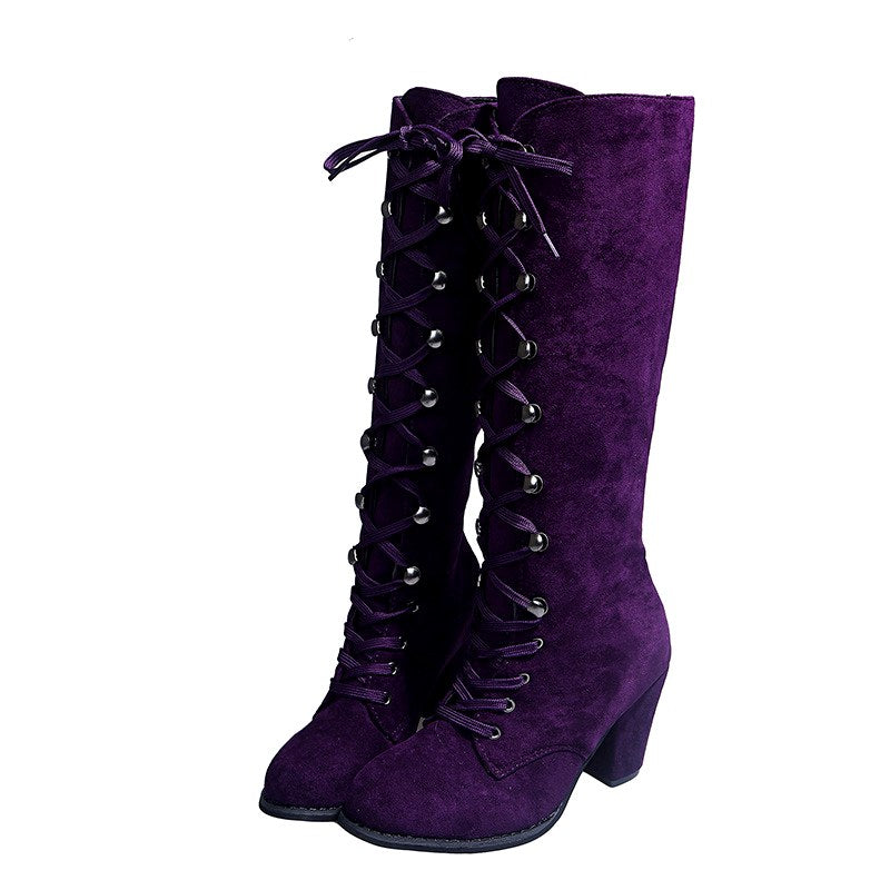 Brunhilde - Women’s Knee-High Lace-Up Block Heel Boots 9