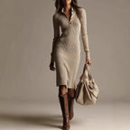 Camellia - Women's Polo Button-Neck Ribbed Knit Midi Dress 1