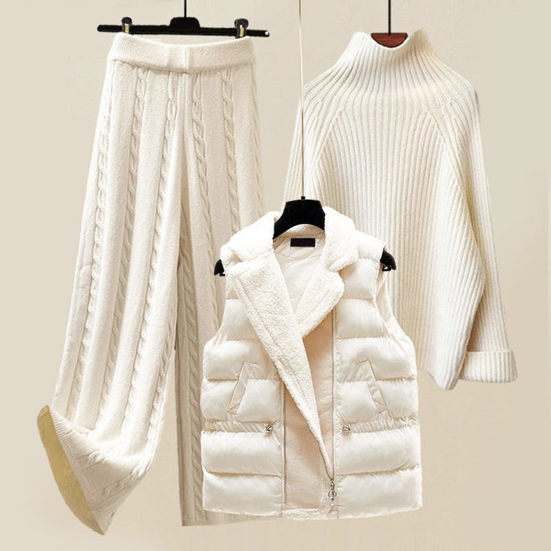 Camryn - Women's Ribbed Turtleneck Puffer Vest Three-Piece Set