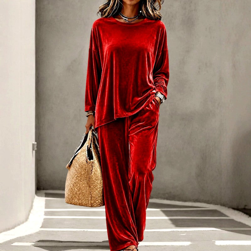 Candelaria - Women's Velvet Round Neck Wide Leg Matching Set 1