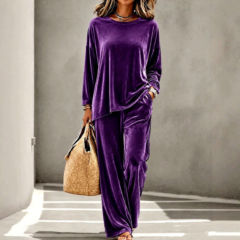 Candelaria - Women's Velvet Round Neck Wide Leg Matching Set 2
