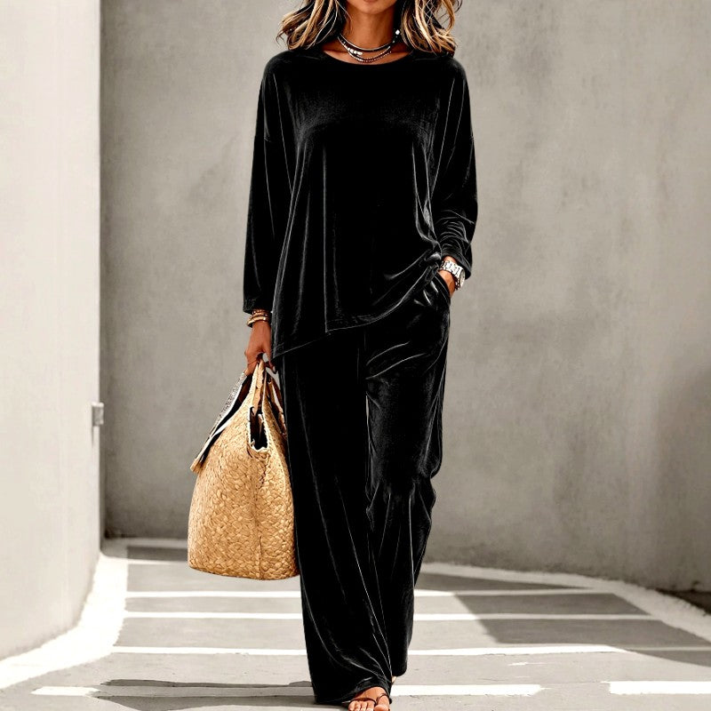 Candelaria - Women's Velvet Round Neck Wide Leg Matching Set 3