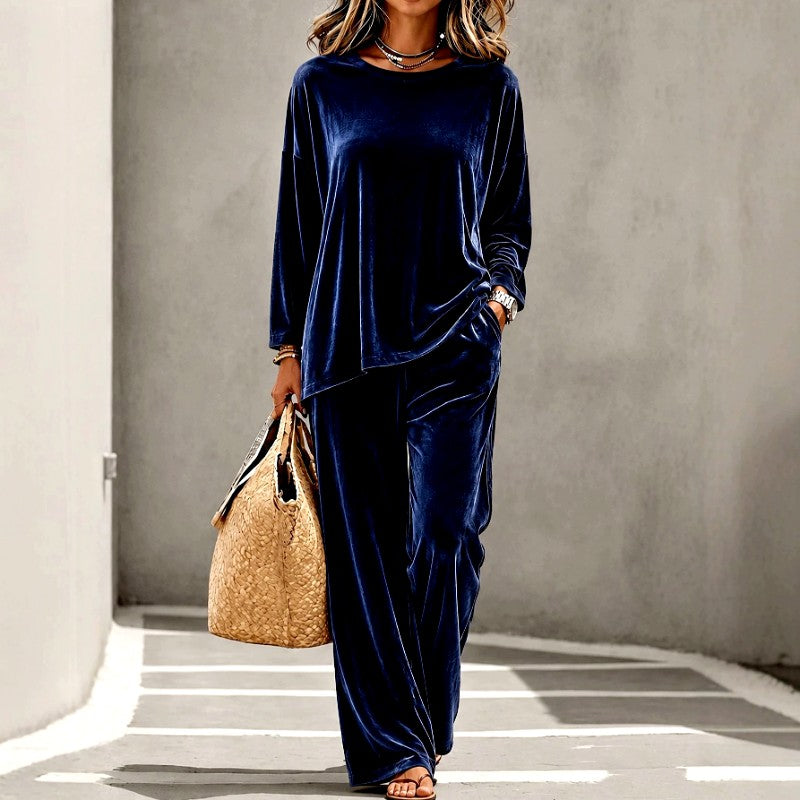 Candelaria - Women's Velvet Round Neck Wide Leg Matching Set 4