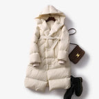Caprice - Women's Belted Long Puffer Coat with Oversized Hood