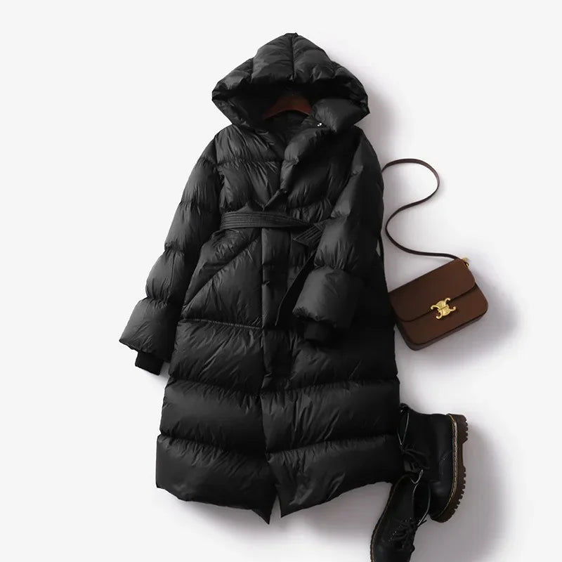 Caprice - Women's Belted Long Puffer Coat with Oversized Hood