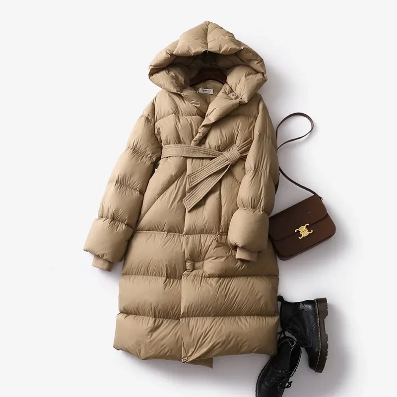 Caprice - Women's Belted Long Puffer Coat with Oversized Hood