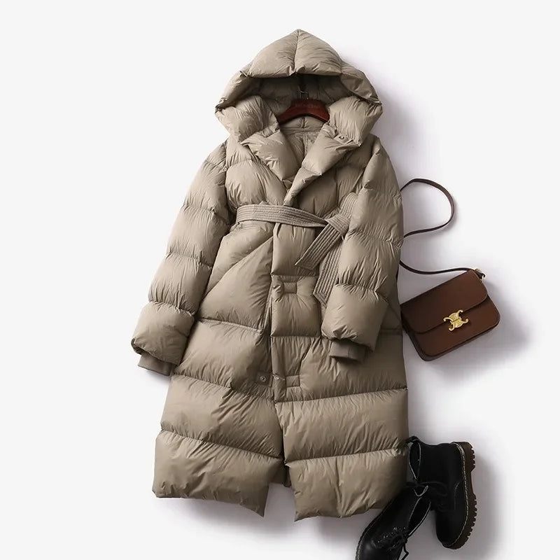 Caprice - Women's Belted Long Puffer Coat with Oversized Hood