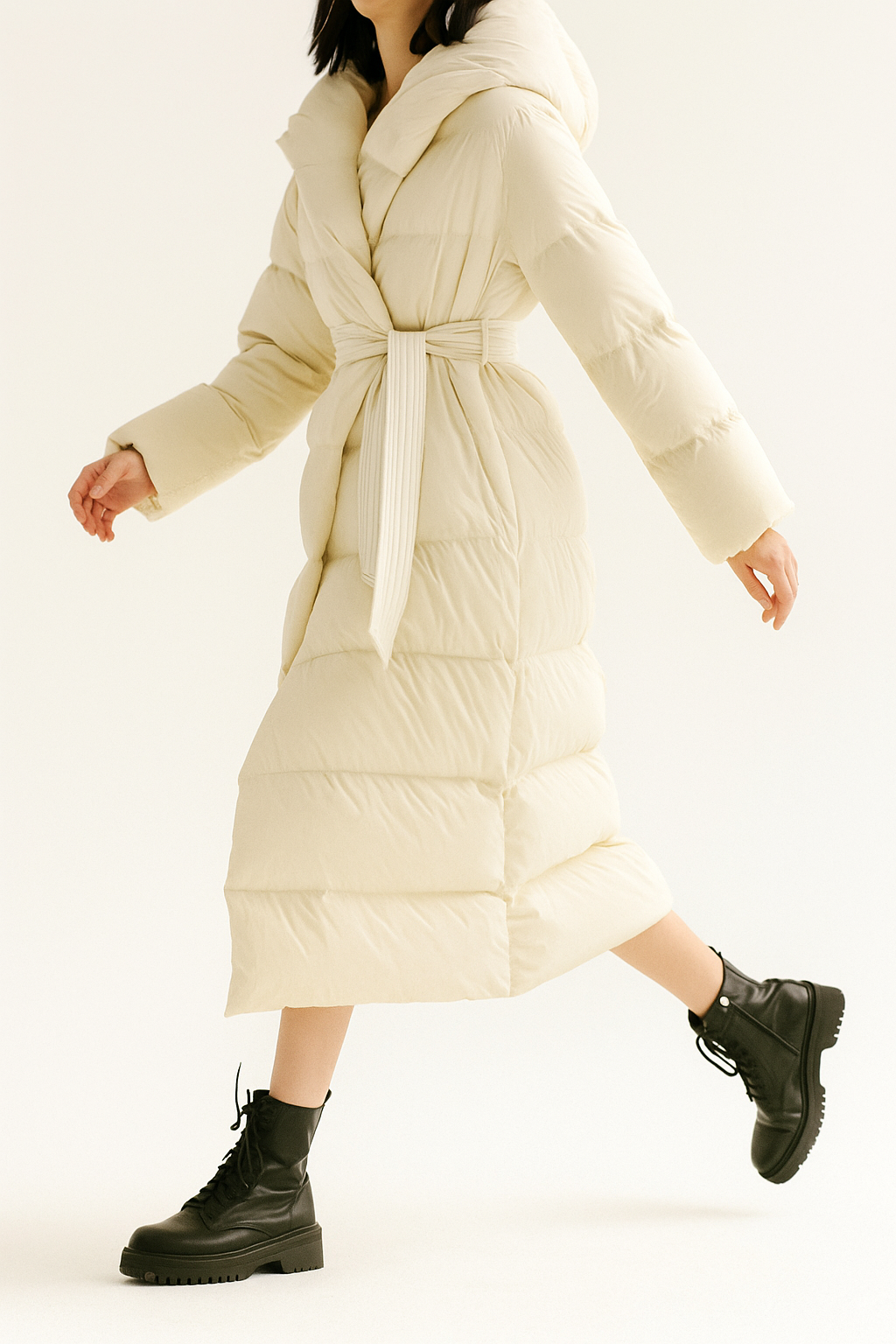 Caprice - Women's Belted Long Puffer Coat with Oversized Hood