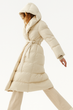 Caprice - Women's Belted Long Puffer Coat with Oversized Hood