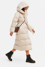 Caprice - Women's Belted Long Puffer Coat with Oversized Hood