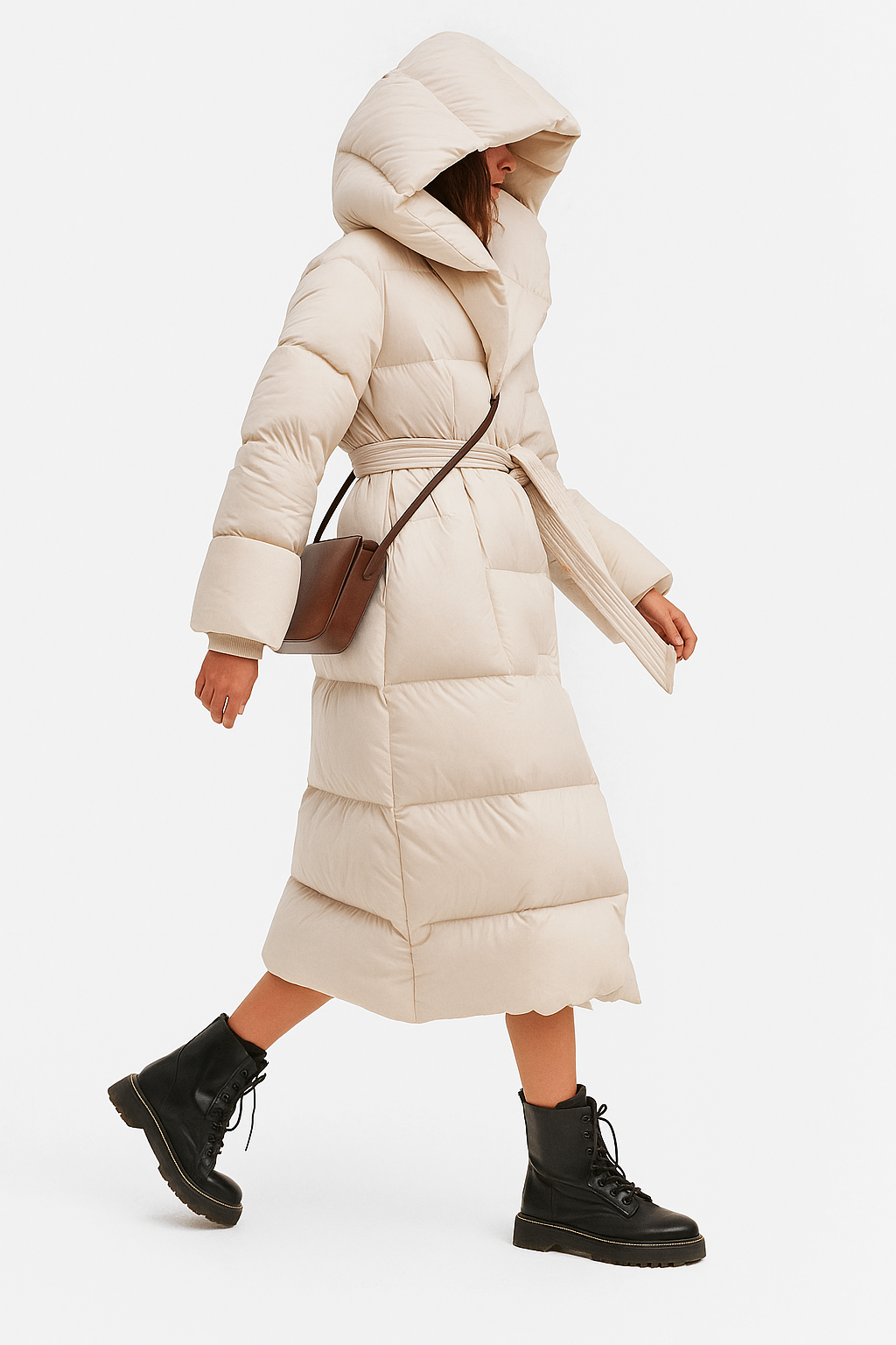 Caprice - Women's Belted Long Puffer Coat with Oversized Hood