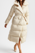 Caprice - Women's Belted Long Puffer Coat with Oversized Hood