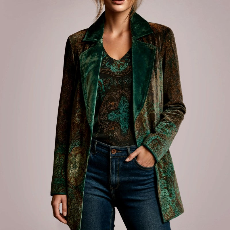 Carlotta - Women's Paisley Print Velvet Lapel Blazer 1
