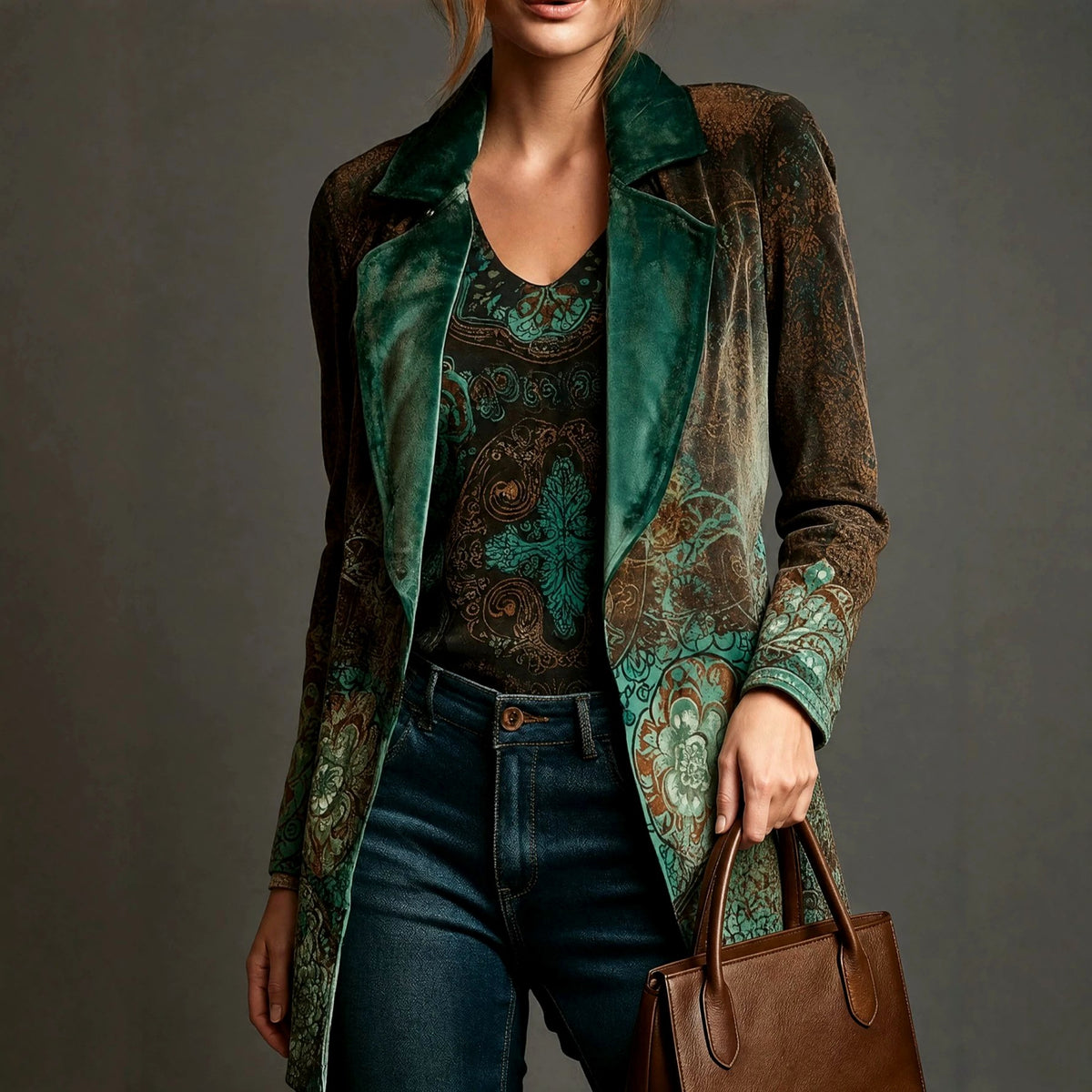 Carlotta - Women's Paisley Print Velvet Lapel Blazer 2
