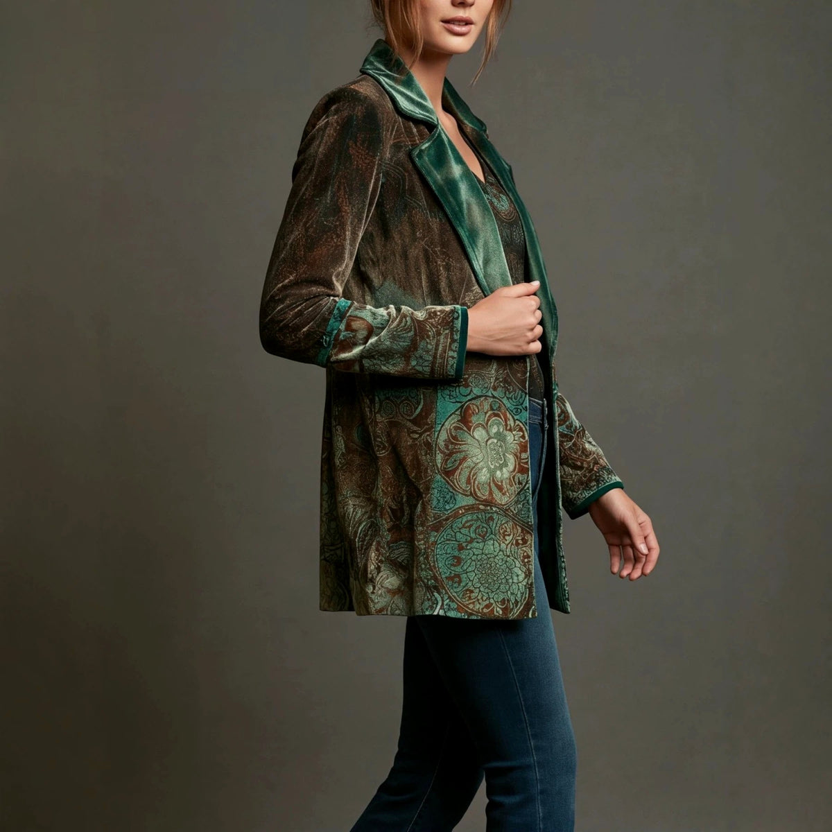 Carlotta - Women's Paisley Print Velvet Lapel Blazer 5