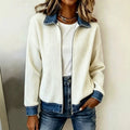 Carlotta - Women's Ribbed Full-Zip Cardigan with Denim Collar 1