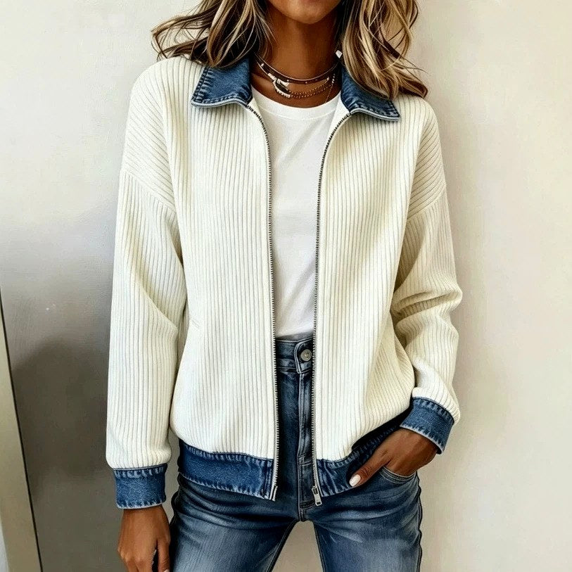 Carlotta - Women's Ribbed Full-Zip Cardigan with Denim Collar 1