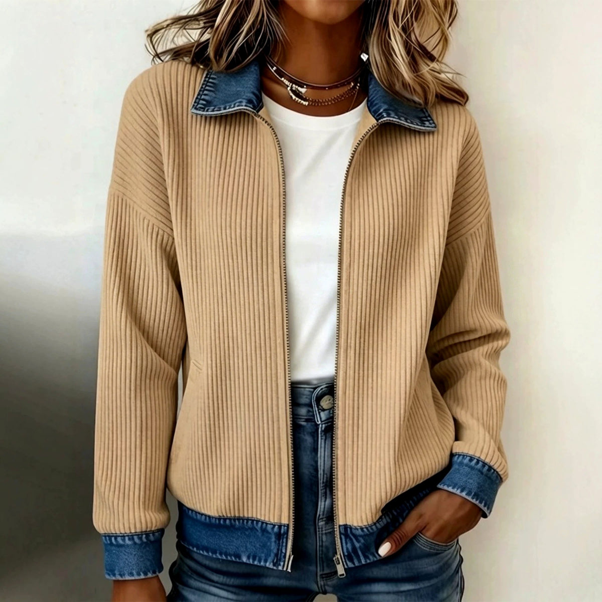 Carlotta - Women's Ribbed Full-Zip Cardigan with Denim Collar 2