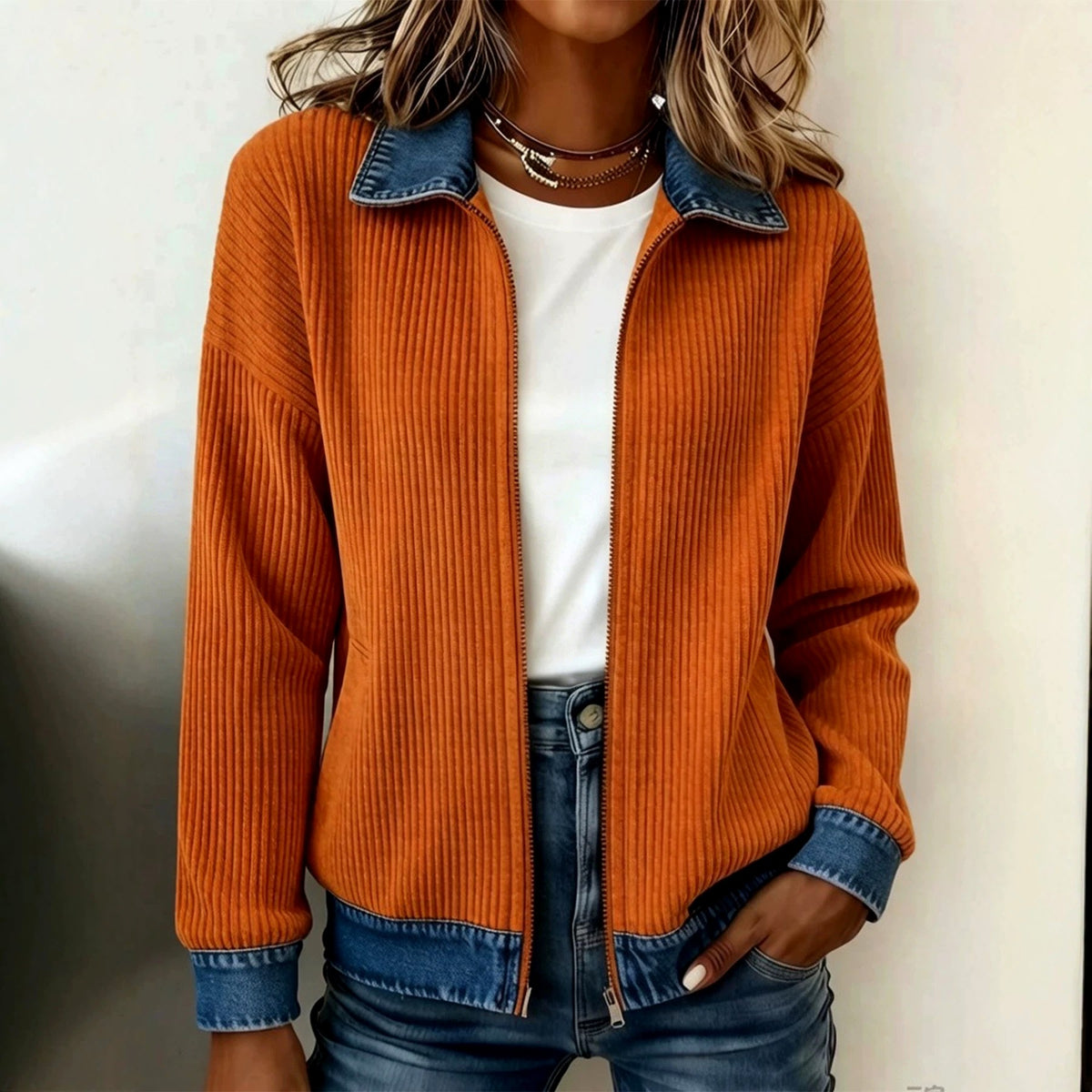 Carlotta - Women's Ribbed Full-Zip Cardigan with Denim Collar 3