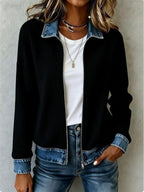 Carlotta - Women's Ribbed Full-Zip Cardigan with Denim Collar 4