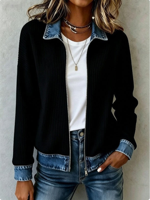 Carlotta - Women's Ribbed Full-Zip Cardigan with Denim Collar 4