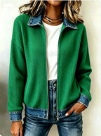 Carlotta - Women's Ribbed Full-Zip Cardigan with Denim Collar 5