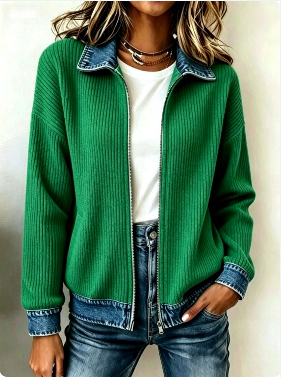 Carlotta - Women's Ribbed Full-Zip Cardigan with Denim Collar 5