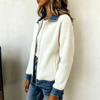Carlotta - Women's Ribbed Full-Zip Cardigan with Denim Collar 6