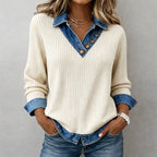 Carol - Women's Denim-Collar Ribbed Knit Sweater