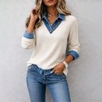 Carol - Women's Denim-Collar Ribbed Knit Sweater