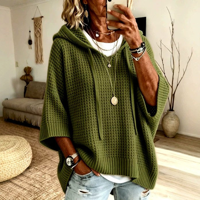 Caroline - Women's Waffle-Knit Hooded Poncho Sweater 2