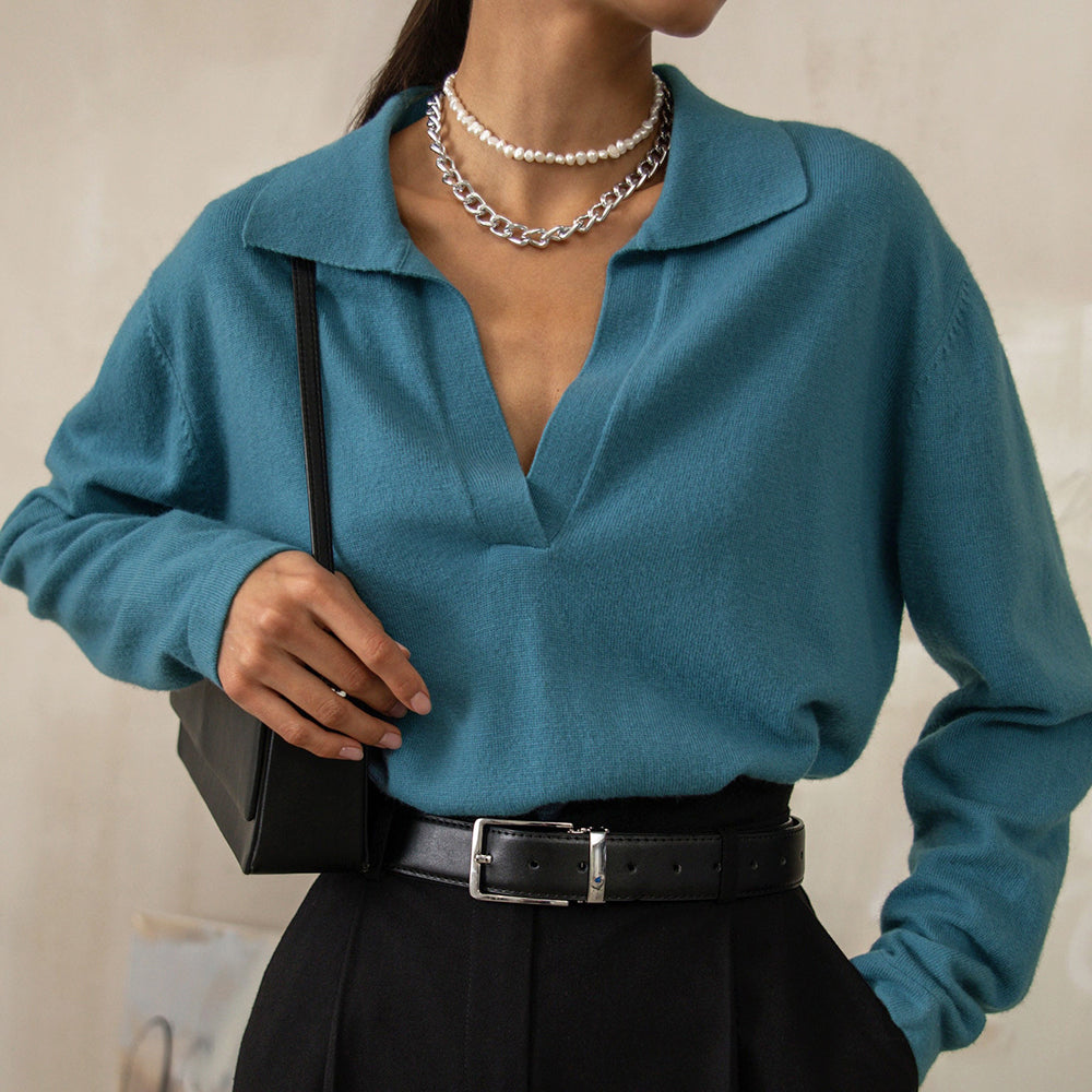 Catriona - Women's Collared V-Neck Knit Sweater