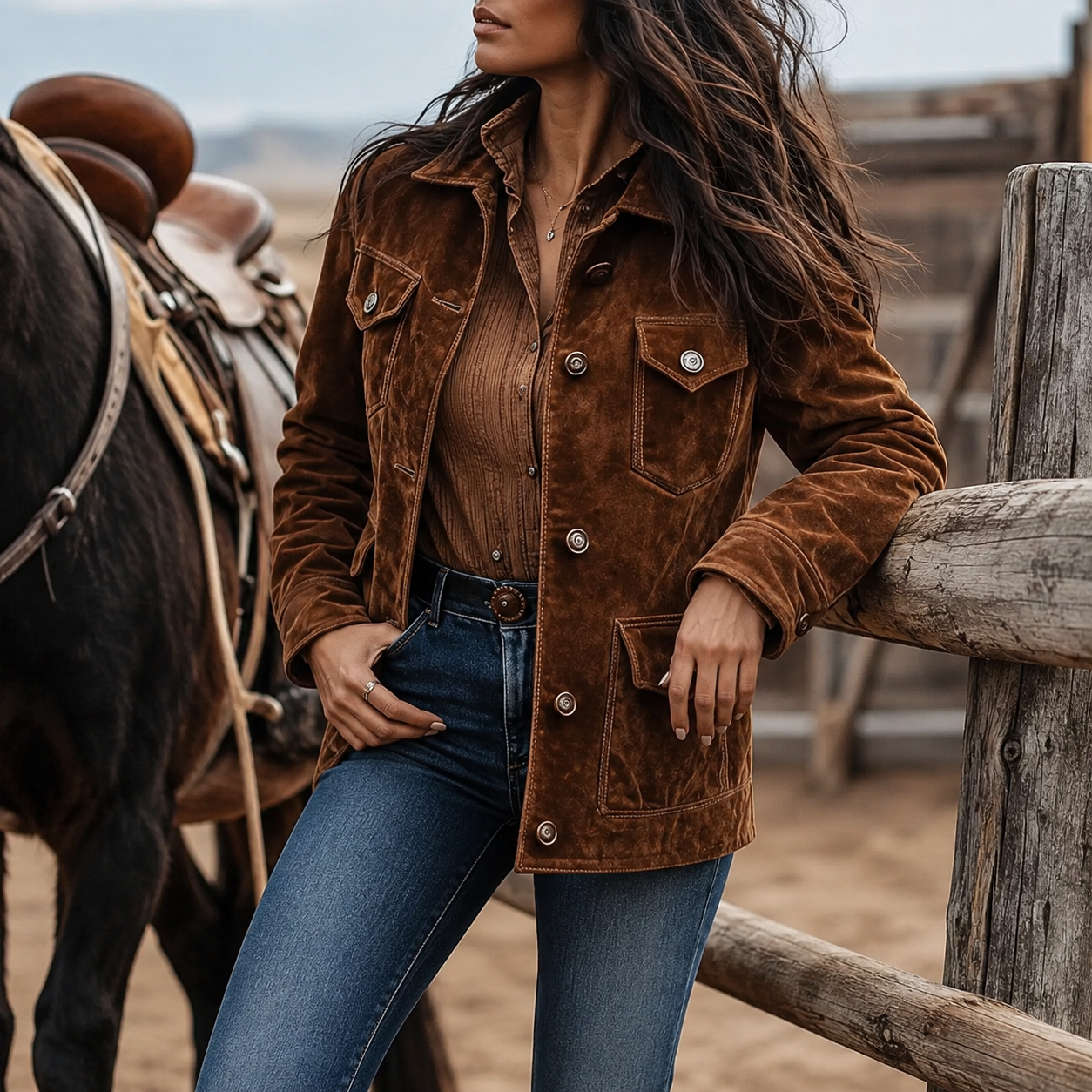 Cecil - Women's Suede Shirt Jacket with Chest Flap Pockets