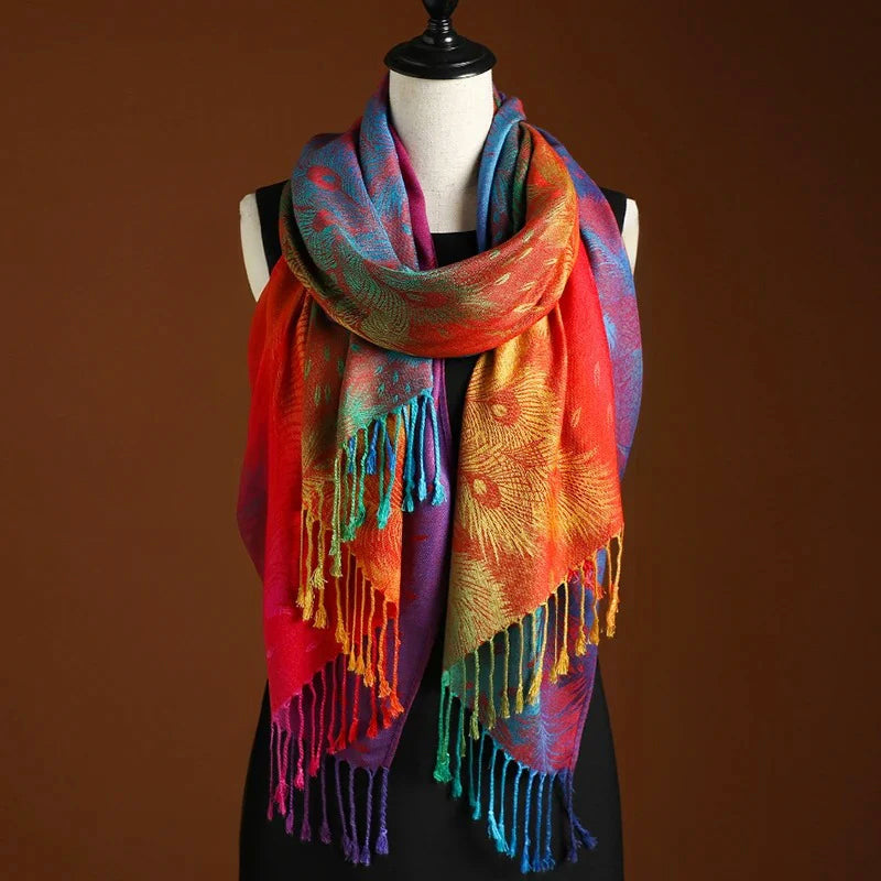 Cecilia - Women's Multicolour Jacquard Wrap with Tassel Fringe