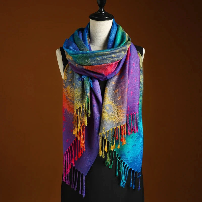 Cecilia - Women's Multicolour Jacquard Wrap with Tassel Fringe