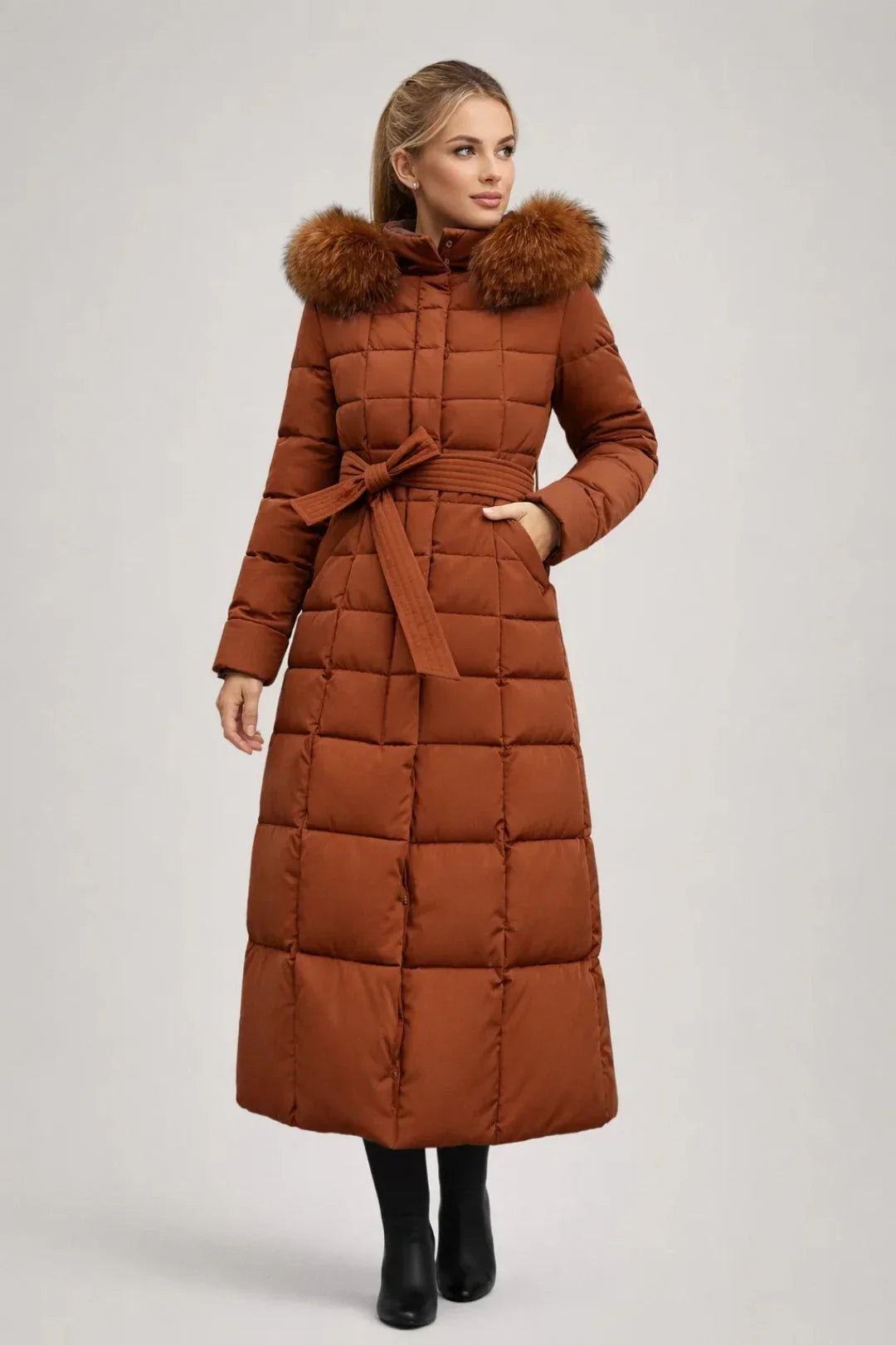 Celeste - Women's Quilted Puffer Coat with Faux Fur Hood