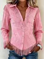 Celine - Women's Faux Suede Western Fringe Shirt