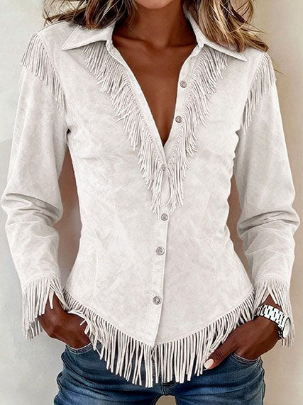Celine - Women's Faux Suede Western Fringe Shirt