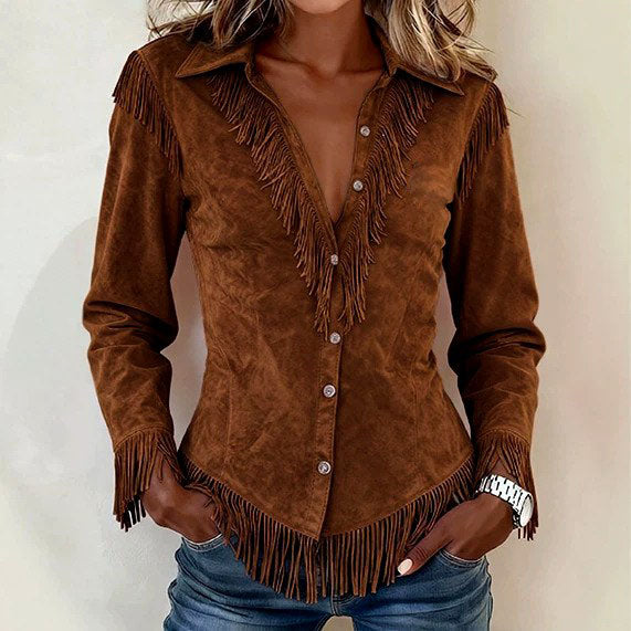 Celine - Women's Faux Suede Western Fringe Shirt