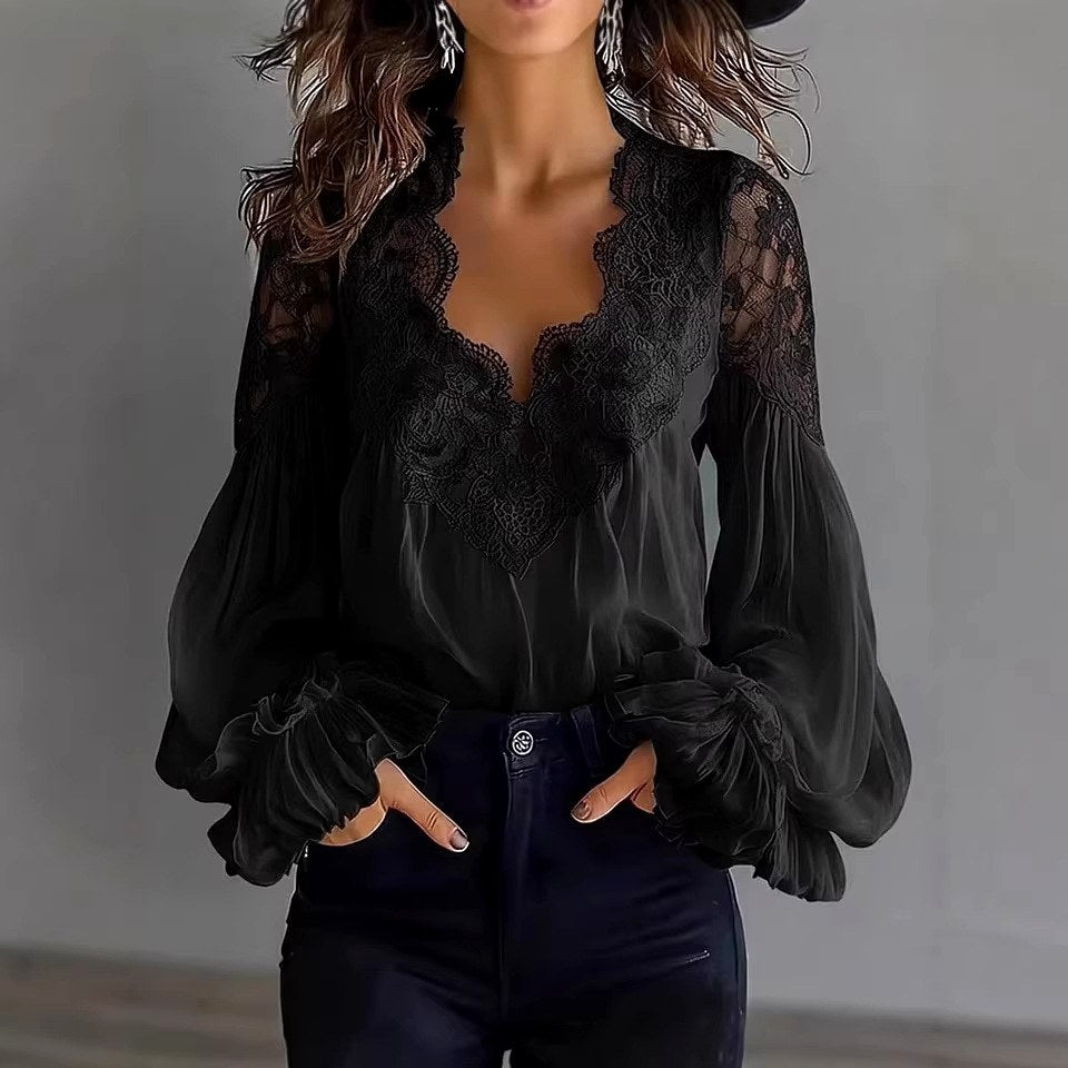 Charlotte - Women's Lace V-Neck Chiffon Blouse 2