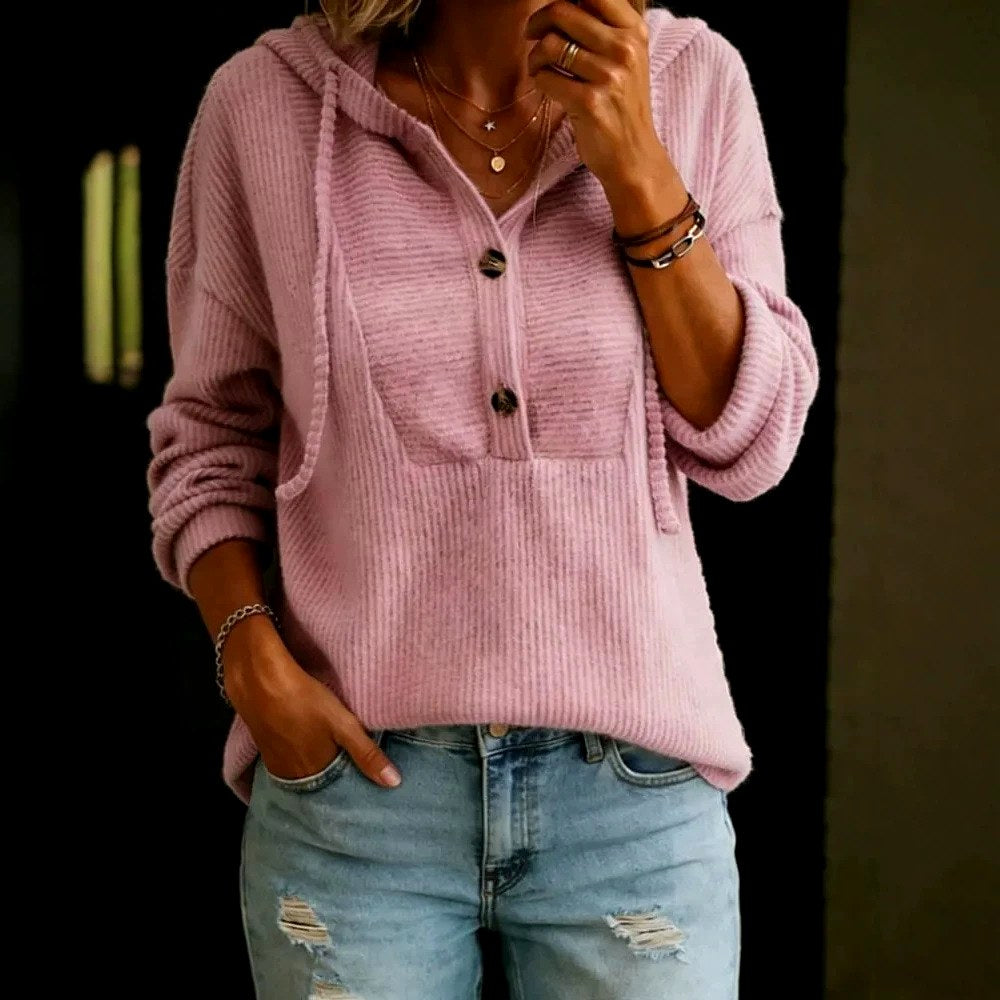 Chelsie - Women's Ribbed Knit Drawstring Hoodie Sweater 2