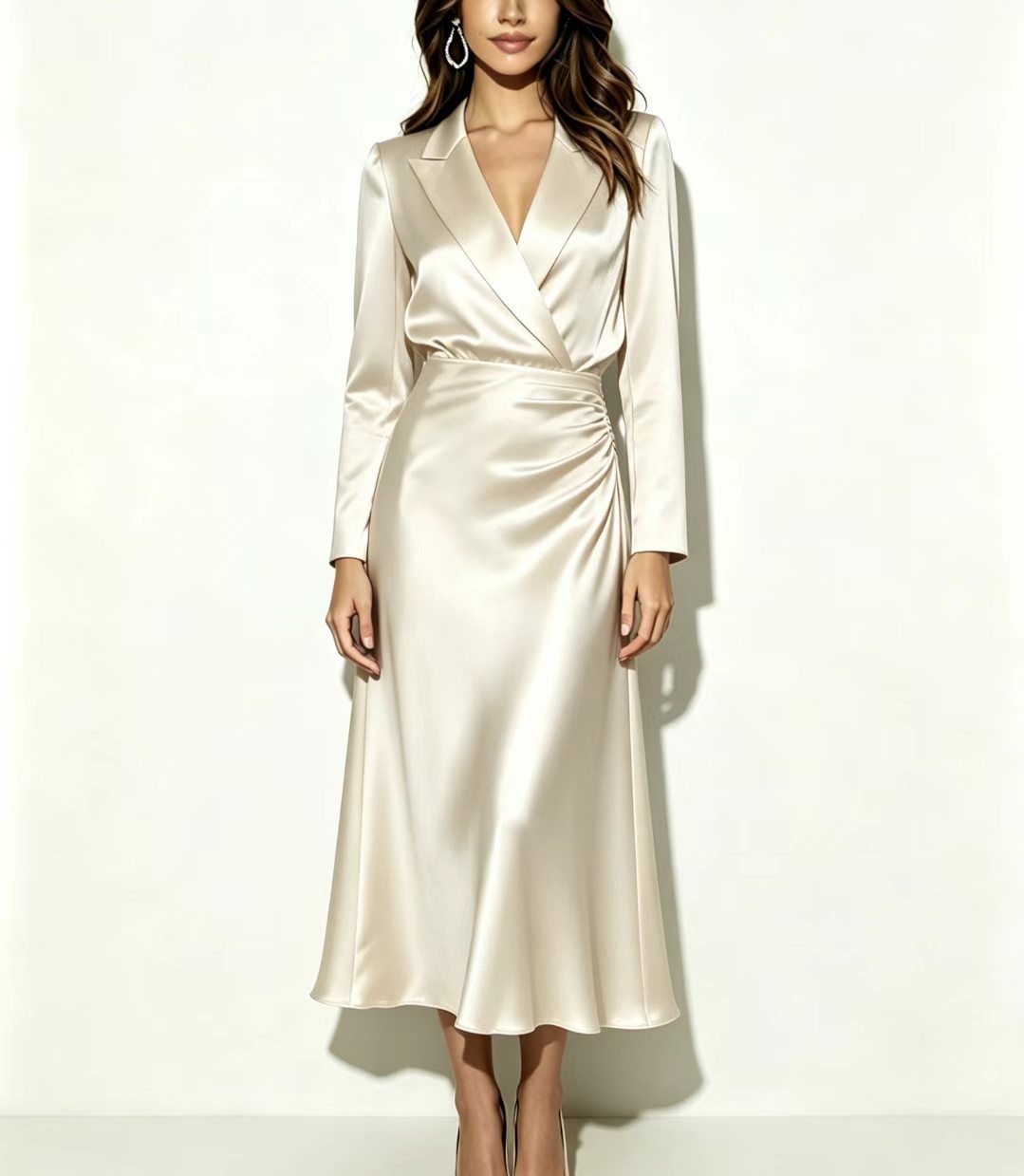 Chelsie - Women's Satin Wrap Lapel Midi Dress 1