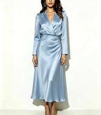 Chelsie - Women's Satin Wrap Lapel Midi Dress 2