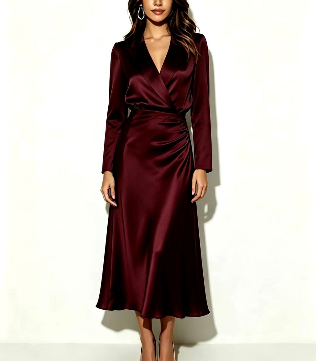 Chelsie - Women's Satin Wrap Lapel Midi Dress 3