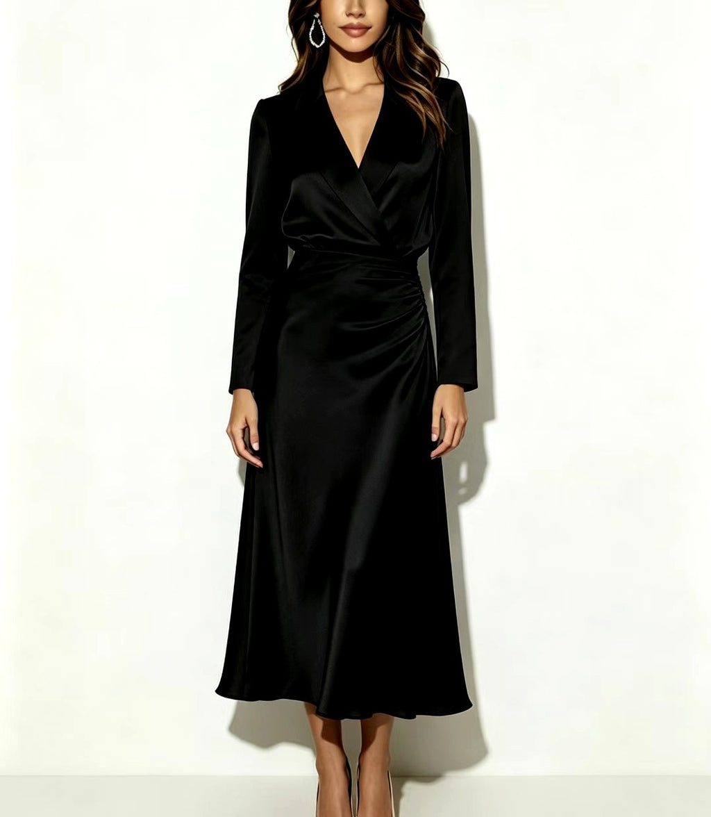 Chelsie - Women's Satin Wrap Lapel Midi Dress 4