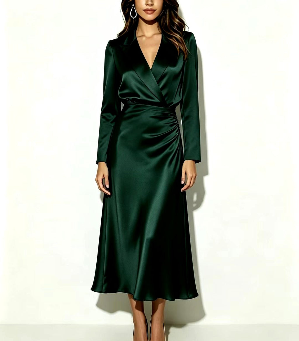 Chelsie - Women's Satin Wrap Lapel Midi Dress 5