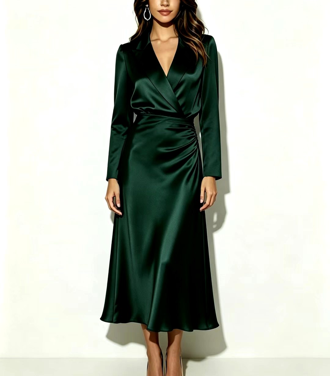 Chelsie - Women's Satin Wrap Lapel Midi Dress 5