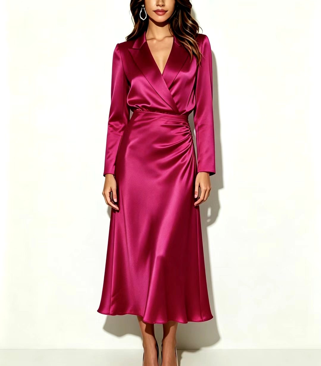 Chelsie - Women's Satin Wrap Lapel Midi Dress 6